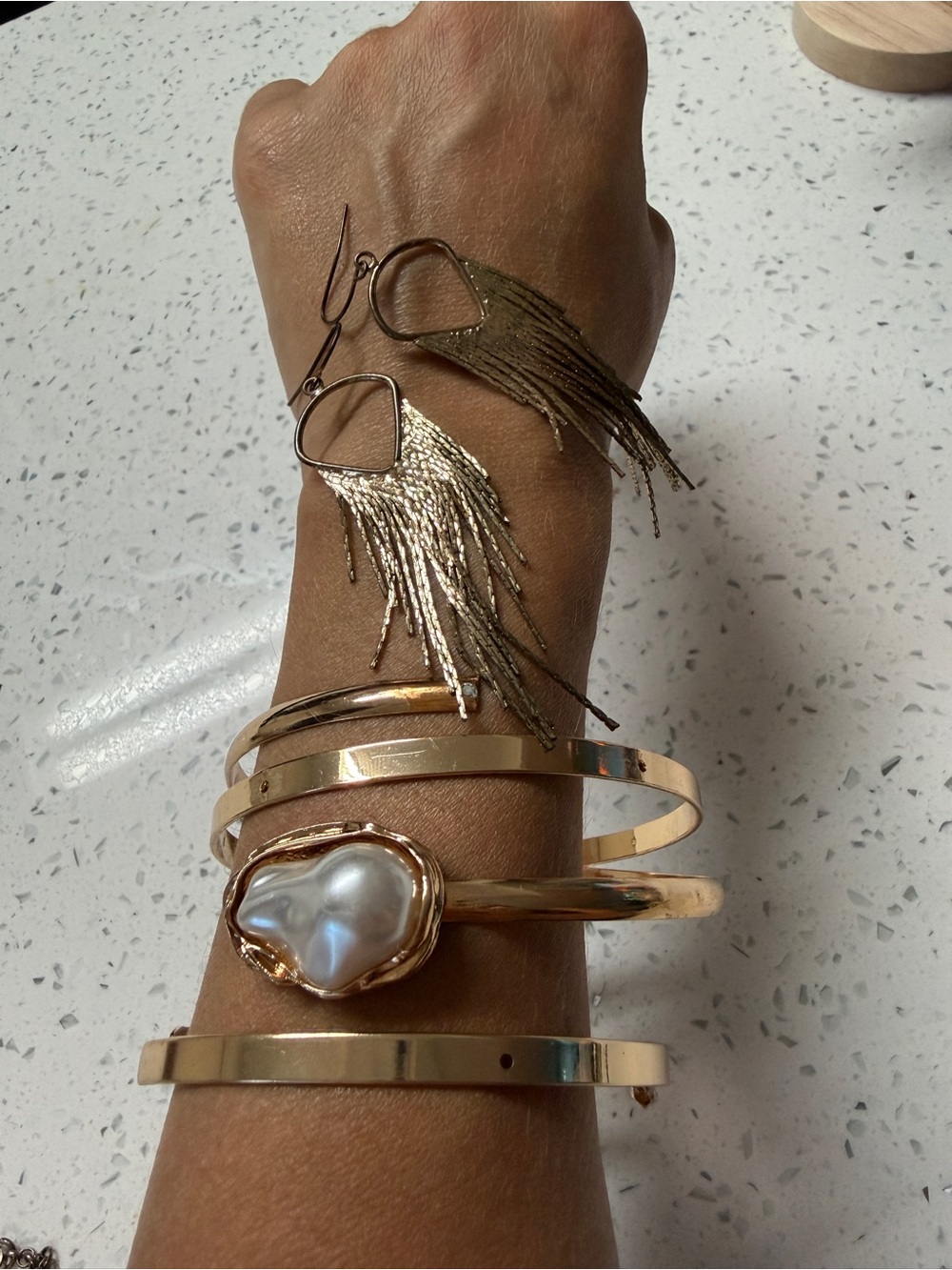 3 Gold Tone Cuff Bracelets Baroque Pearl & Fringe Earrings Jewelry Set